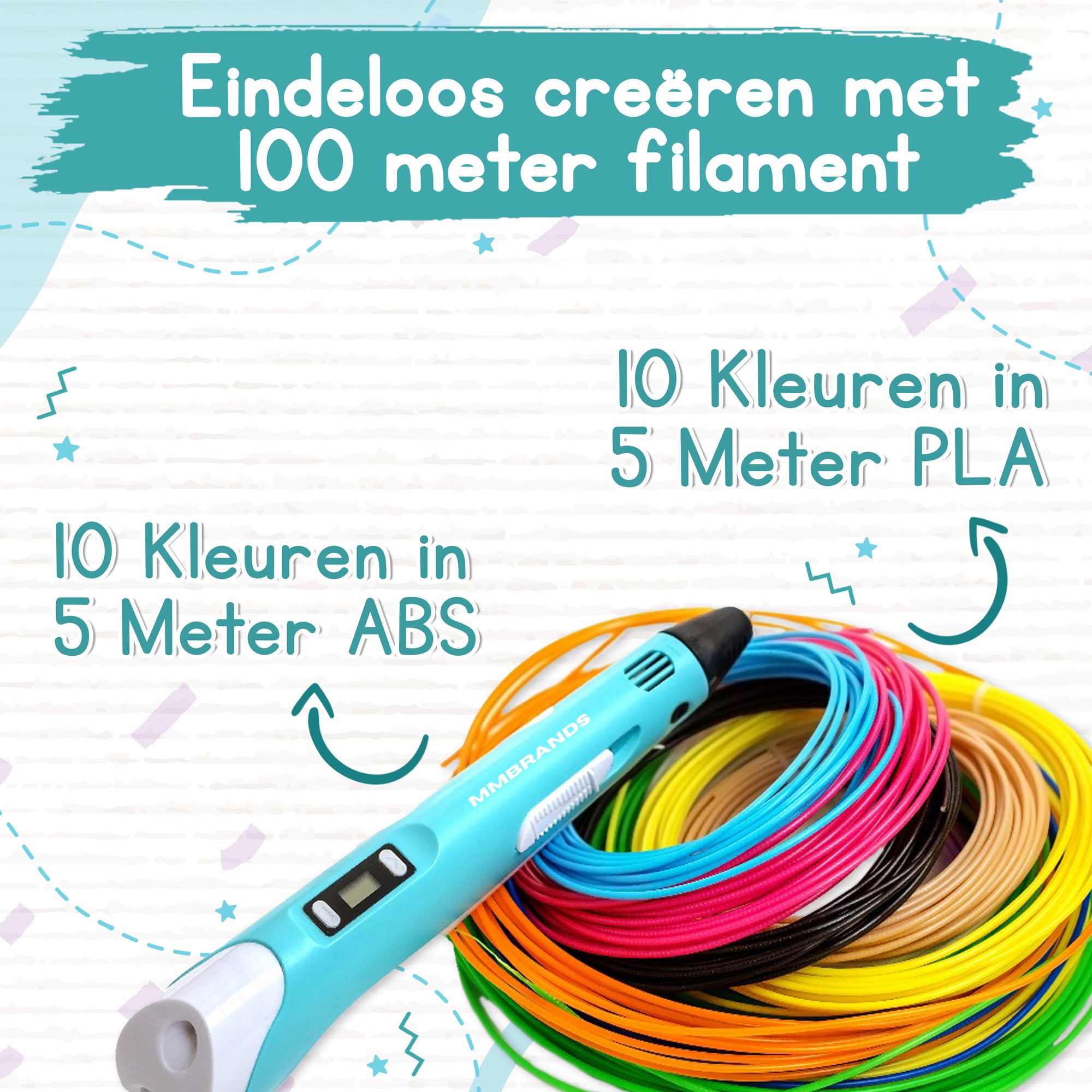 3D Pen Starterspakket - 100M Filament - 10 Kleuren - Blauw