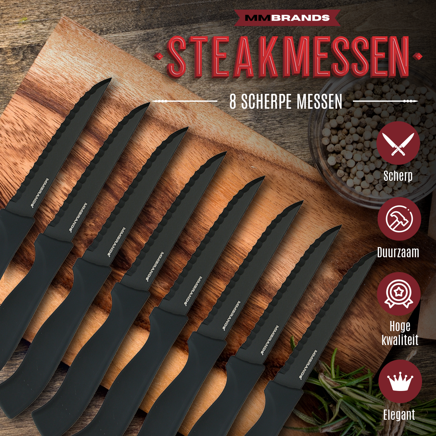 Steakmessen Set - 8 Stuks - Zwart