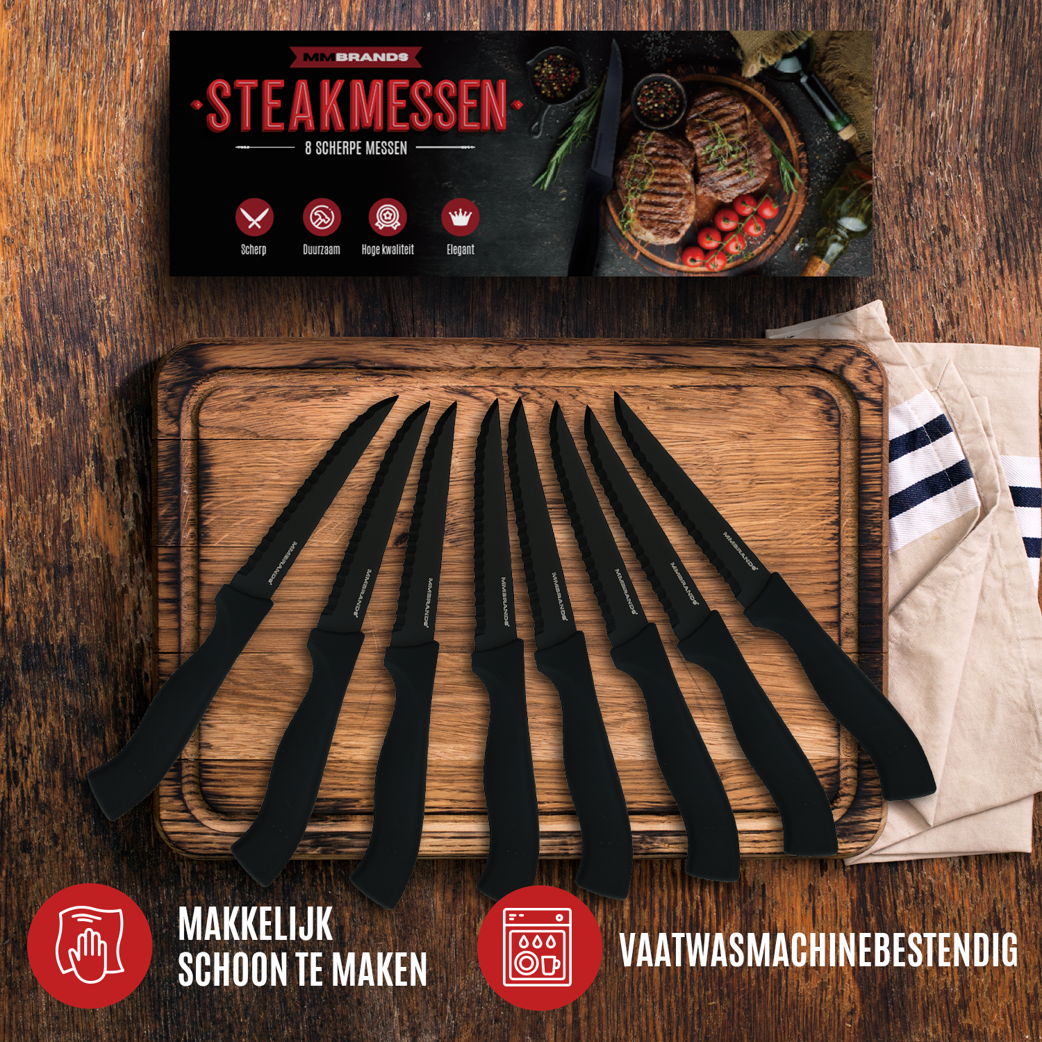 Steakmessen Set - 8 Stuks - Zwart