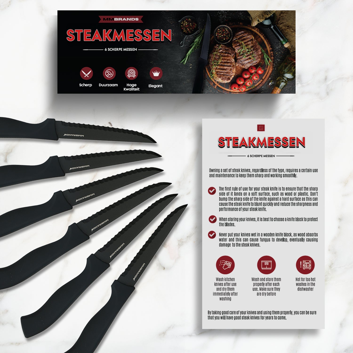 Steakmessen Set - 6 Stuks - Zwart