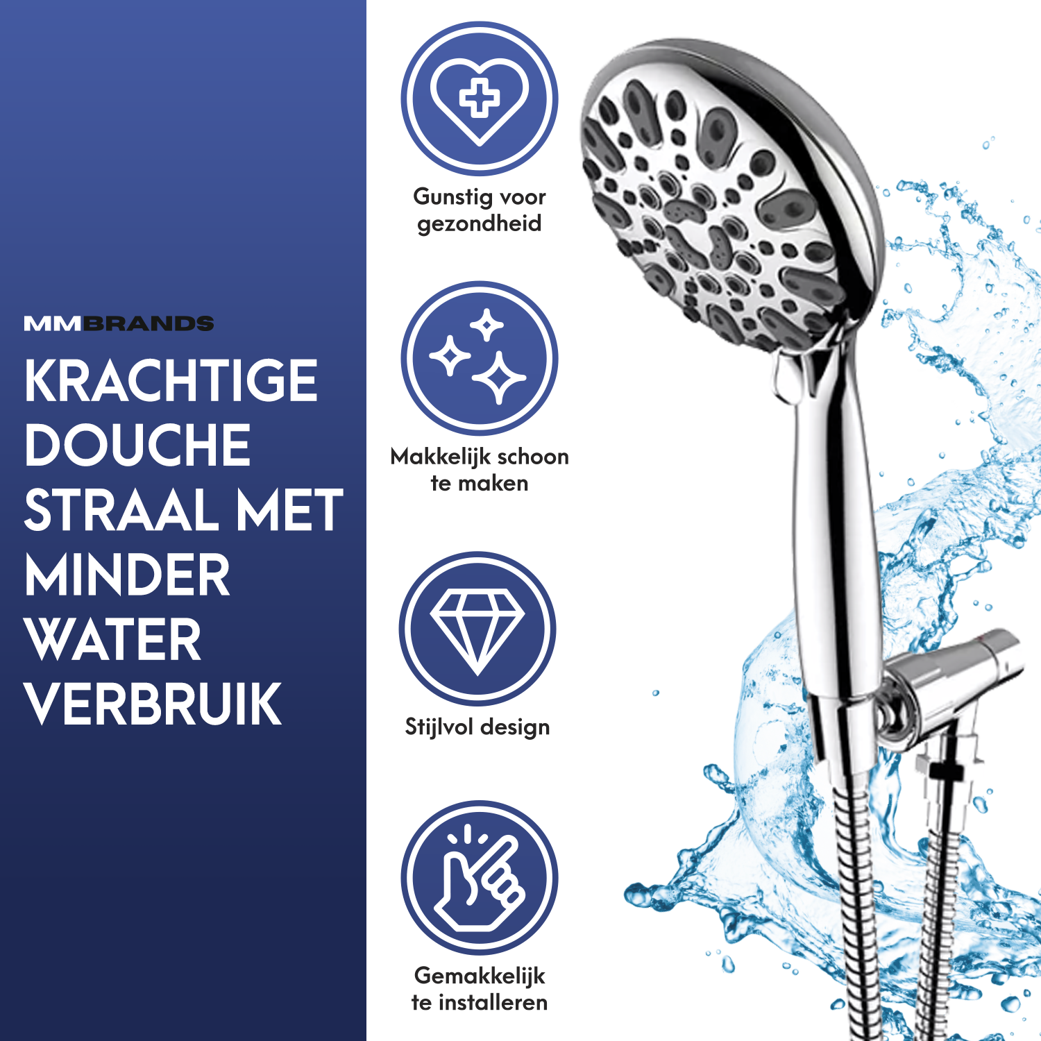 Wassersparender Duschkopf – 6 Positionen – Chrom